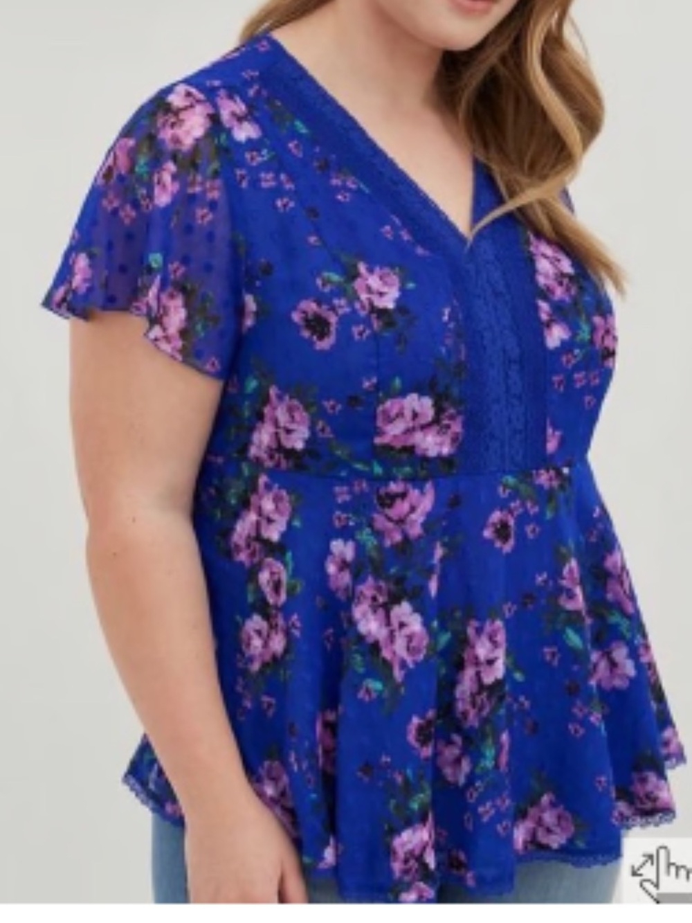 Torrid Royal Blue Floral babydoll peplum Lace Trim Babydoll Top 2x